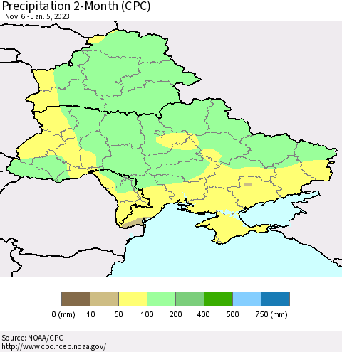 Ukraine, Moldova and Belarus Precipitation 2-Month (CPC) Thematic Map For 11/6/2022 - 1/5/2023