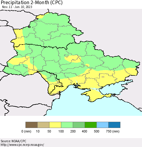 Ukraine, Moldova and Belarus Precipitation 2-Month (CPC) Thematic Map For 11/11/2022 - 1/10/2023