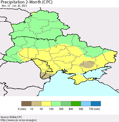 Ukraine, Moldova and Belarus Precipitation 2-Month (CPC) Thematic Map For 11/21/2022 - 1/20/2023