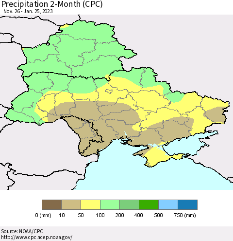 Ukraine, Moldova and Belarus Precipitation 2-Month (CPC) Thematic Map For 11/26/2022 - 1/25/2023