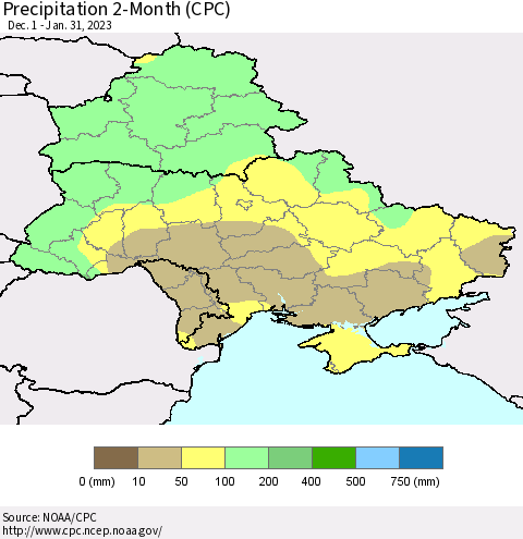 Ukraine, Moldova and Belarus Precipitation 2-Month (CPC) Thematic Map For 12/1/2022 - 1/31/2023