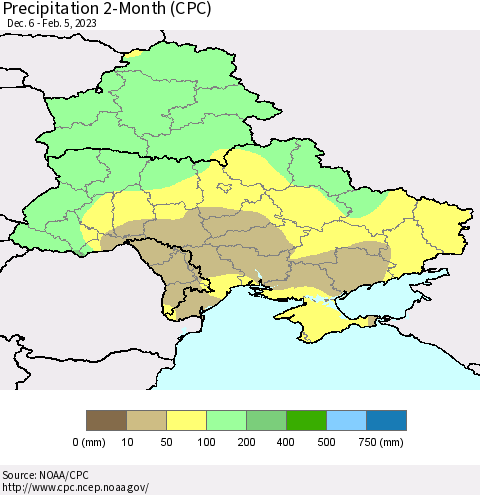 Ukraine, Moldova and Belarus Precipitation 2-Month (CPC) Thematic Map For 12/6/2022 - 2/5/2023