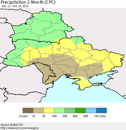 Ukraine, Moldova and Belarus Precipitation 2-Month (CPC) Thematic Map For 12/11/2022 - 2/10/2023