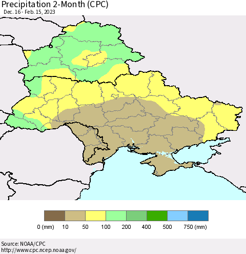 Ukraine, Moldova and Belarus Precipitation 2-Month (CPC) Thematic Map For 12/16/2022 - 2/15/2023
