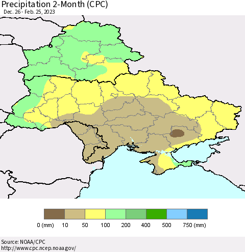 Ukraine, Moldova and Belarus Precipitation 2-Month (CPC) Thematic Map For 12/26/2022 - 2/25/2023