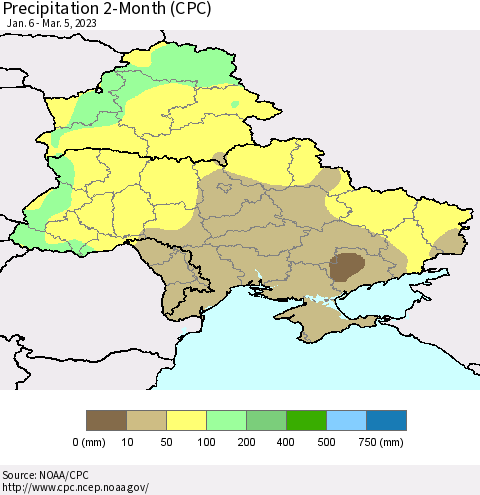 Ukraine, Moldova and Belarus Precipitation 2-Month (CPC) Thematic Map For 1/6/2023 - 3/5/2023
