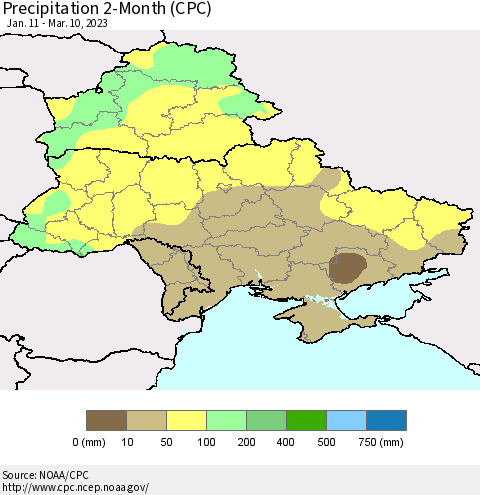 Ukraine, Moldova and Belarus Precipitation 2-Month (CPC) Thematic Map For 1/11/2023 - 3/10/2023