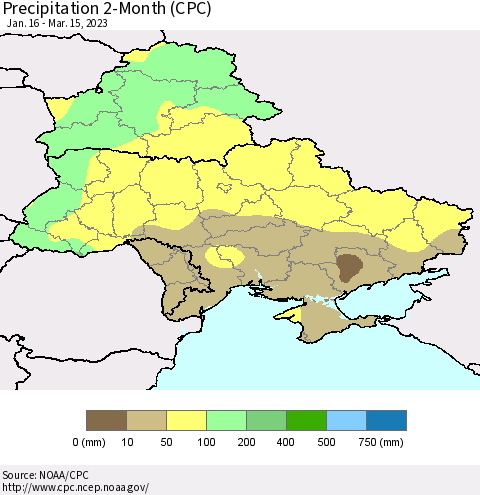 Ukraine, Moldova and Belarus Precipitation 2-Month (CPC) Thematic Map For 1/16/2023 - 3/15/2023