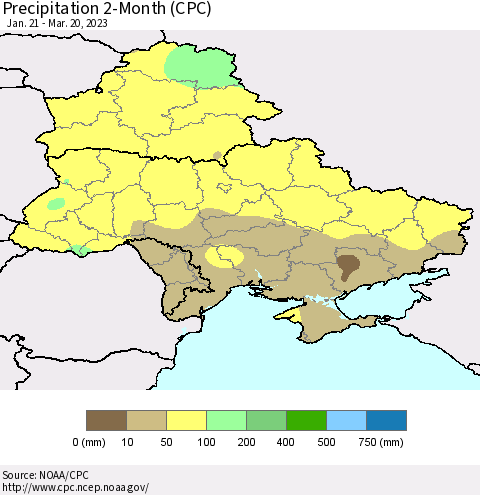 Ukraine, Moldova and Belarus Precipitation 2-Month (CPC) Thematic Map For 1/21/2023 - 3/20/2023