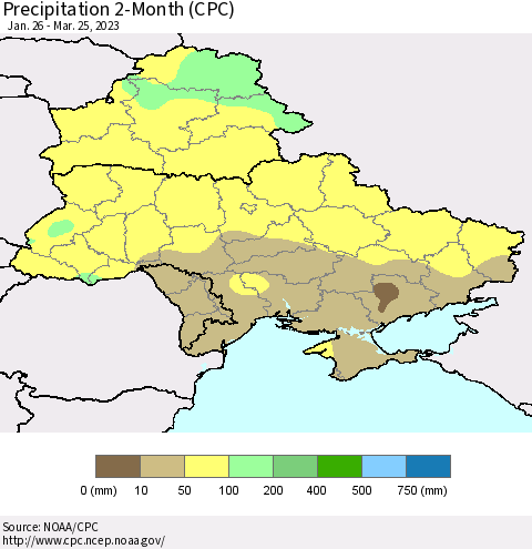 Ukraine, Moldova and Belarus Precipitation 2-Month (CPC) Thematic Map For 1/26/2023 - 3/25/2023