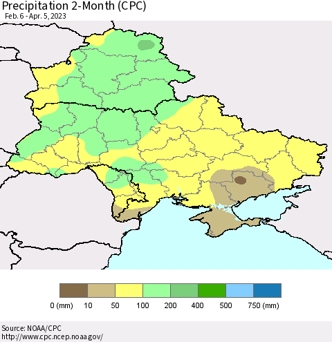Ukraine, Moldova and Belarus Precipitation 2-Month (CPC) Thematic Map For 2/6/2023 - 4/5/2023