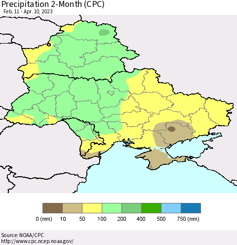 Ukraine, Moldova and Belarus Precipitation 2-Month (CPC) Thematic Map For 2/11/2023 - 4/10/2023