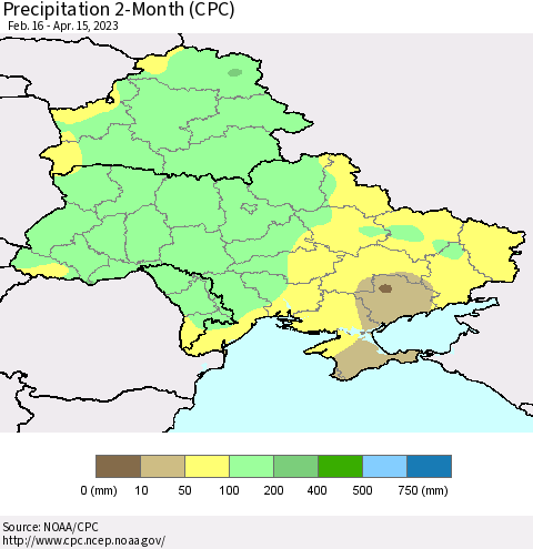 Ukraine, Moldova and Belarus Precipitation 2-Month (CPC) Thematic Map For 2/16/2023 - 4/15/2023