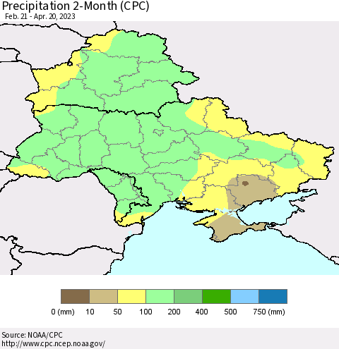 Ukraine, Moldova and Belarus Precipitation 2-Month (CPC) Thematic Map For 2/21/2023 - 4/20/2023