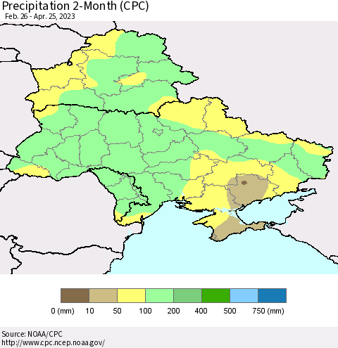 Ukraine, Moldova and Belarus Precipitation 2-Month (CPC) Thematic Map For 2/26/2023 - 4/25/2023