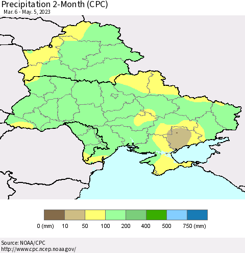 Ukraine, Moldova and Belarus Precipitation 2-Month (CPC) Thematic Map For 3/6/2023 - 5/5/2023