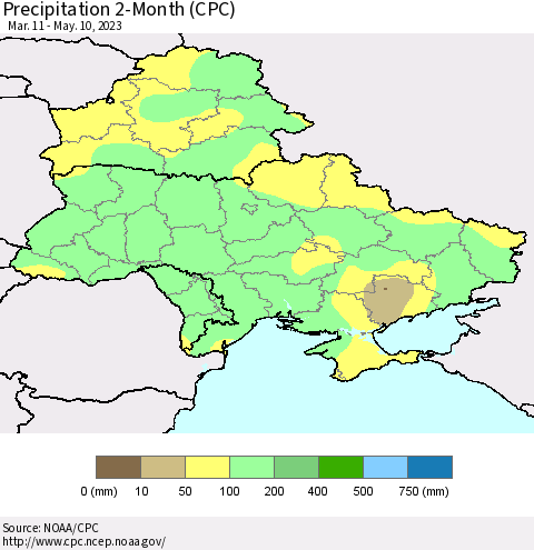 Ukraine, Moldova and Belarus Precipitation 2-Month (CPC) Thematic Map For 3/11/2023 - 5/10/2023