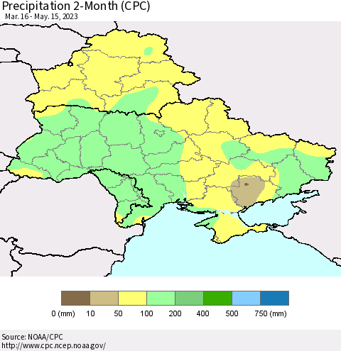 Ukraine, Moldova and Belarus Precipitation 2-Month (CPC) Thematic Map For 3/16/2023 - 5/15/2023
