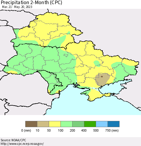 Ukraine, Moldova and Belarus Precipitation 2-Month (CPC) Thematic Map For 3/21/2023 - 5/20/2023