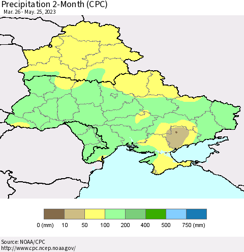 Ukraine, Moldova and Belarus Precipitation 2-Month (CPC) Thematic Map For 3/26/2023 - 5/25/2023