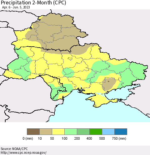 Ukraine, Moldova and Belarus Precipitation 2-Month (CPC) Thematic Map For 4/6/2023 - 6/5/2023