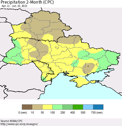 Ukraine, Moldova and Belarus Precipitation 2-Month (CPC) Thematic Map For 4/11/2023 - 6/10/2023