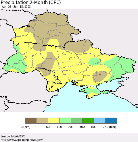 Ukraine, Moldova and Belarus Precipitation 2-Month (CPC) Thematic Map For 4/16/2023 - 6/15/2023