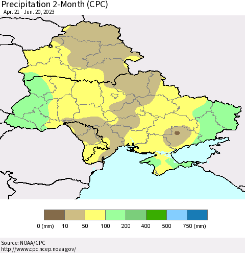 Ukraine, Moldova and Belarus Precipitation 2-Month (CPC) Thematic Map For 4/21/2023 - 6/20/2023