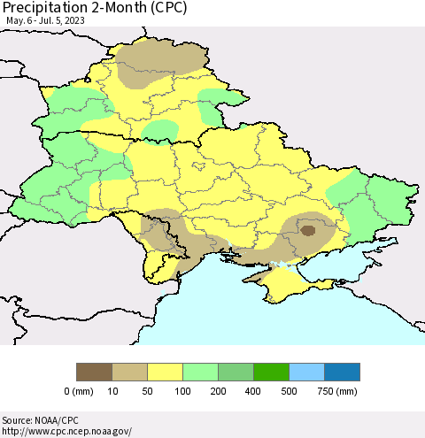 Ukraine, Moldova and Belarus Precipitation 2-Month (CPC) Thematic Map For 5/6/2023 - 7/5/2023