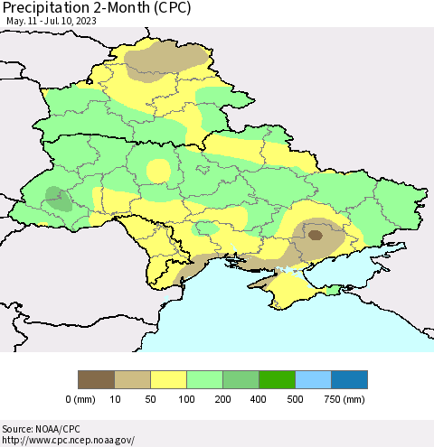 Ukraine, Moldova and Belarus Precipitation 2-Month (CPC) Thematic Map For 5/11/2023 - 7/10/2023