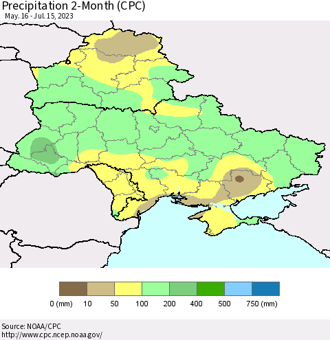 Ukraine, Moldova and Belarus Precipitation 2-Month (CPC) Thematic Map For 5/16/2023 - 7/15/2023