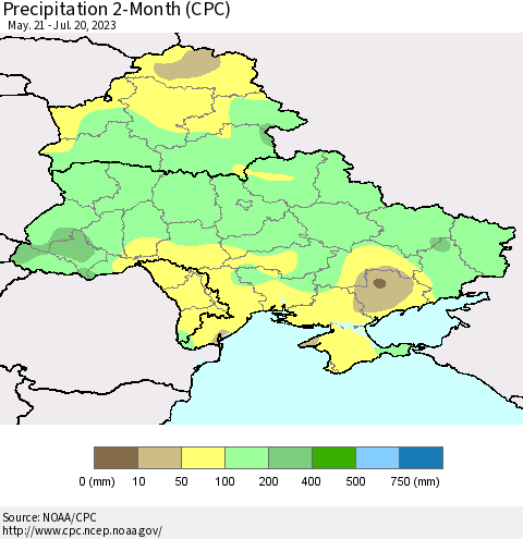 Ukraine, Moldova and Belarus Precipitation 2-Month (CPC) Thematic Map For 5/21/2023 - 7/20/2023