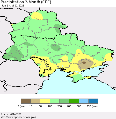 Ukraine, Moldova and Belarus Precipitation 2-Month (CPC) Thematic Map For 6/1/2023 - 7/31/2023