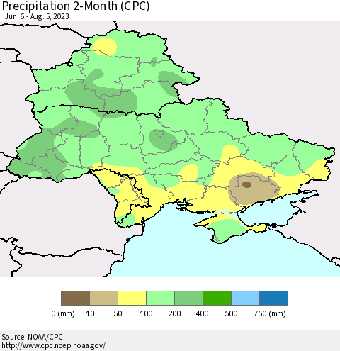 Ukraine, Moldova and Belarus Precipitation 2-Month (CPC) Thematic Map For 6/6/2023 - 8/5/2023
