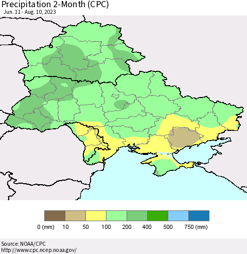 Ukraine, Moldova and Belarus Precipitation 2-Month (CPC) Thematic Map For 6/11/2023 - 8/10/2023