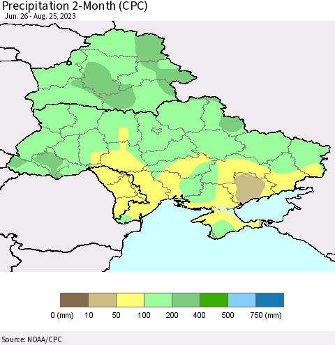 Ukraine, Moldova and Belarus Precipitation 2-Month (CPC) Thematic Map For 6/26/2023 - 8/25/2023
