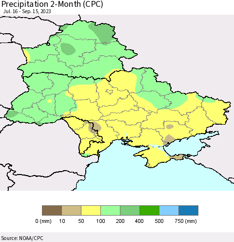 Ukraine, Moldova and Belarus Precipitation 2-Month (CPC) Thematic Map For 7/16/2023 - 9/15/2023