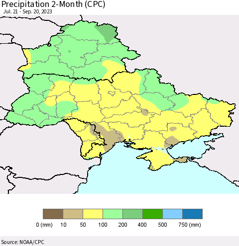 Ukraine, Moldova and Belarus Precipitation 2-Month (CPC) Thematic Map For 7/21/2023 - 9/20/2023