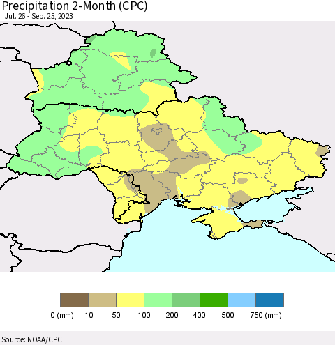 Ukraine, Moldova and Belarus Precipitation 2-Month (CPC) Thematic Map For 7/26/2023 - 9/25/2023
