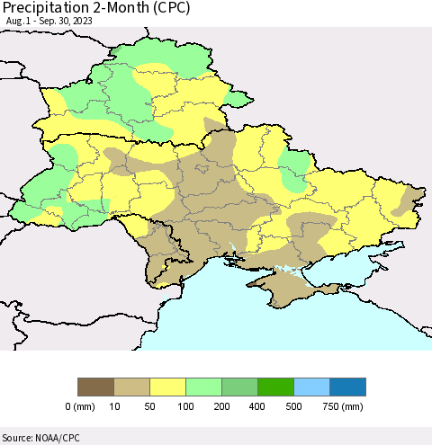 Ukraine, Moldova and Belarus Precipitation 2-Month (CPC) Thematic Map For 8/1/2023 - 9/30/2023
