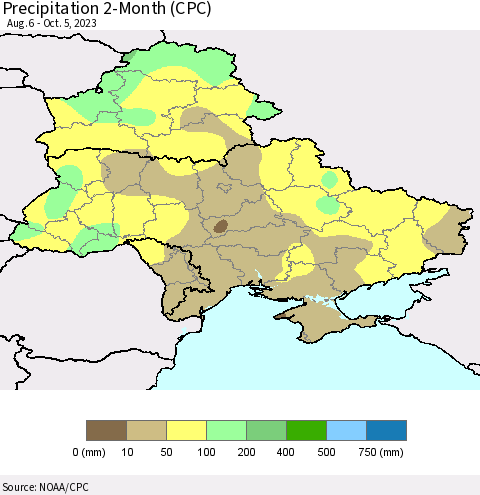 Ukraine, Moldova and Belarus Precipitation 2-Month (CPC) Thematic Map For 8/6/2023 - 10/5/2023