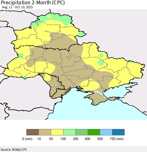 Ukraine, Moldova and Belarus Precipitation 2-Month (CPC) Thematic Map For 8/11/2023 - 10/10/2023