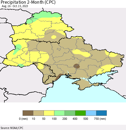 Ukraine, Moldova and Belarus Precipitation 2-Month (CPC) Thematic Map For 8/16/2023 - 10/15/2023