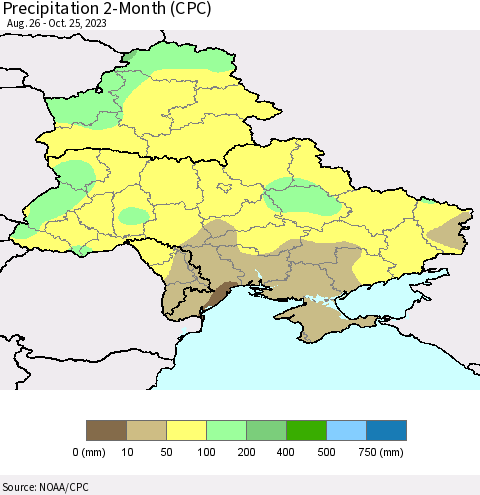 Ukraine, Moldova and Belarus Precipitation 2-Month (CPC) Thematic Map For 8/26/2023 - 10/25/2023