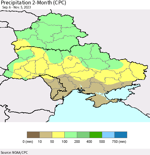 Ukraine, Moldova and Belarus Precipitation 2-Month (CPC) Thematic Map For 9/6/2023 - 11/5/2023