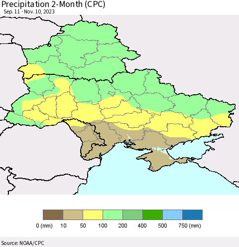 Ukraine, Moldova and Belarus Precipitation 2-Month (CPC) Thematic Map For 9/11/2023 - 11/10/2023