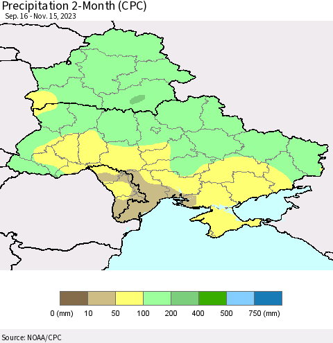 Ukraine, Moldova and Belarus Precipitation 2-Month (CPC) Thematic Map For 9/16/2023 - 11/15/2023