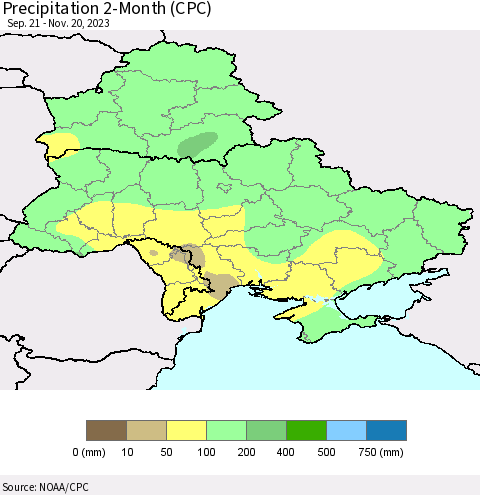 Ukraine, Moldova and Belarus Precipitation 2-Month (CPC) Thematic Map For 9/21/2023 - 11/20/2023