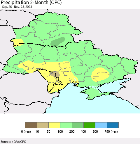 Ukraine, Moldova and Belarus Precipitation 2-Month (CPC) Thematic Map For 9/26/2023 - 11/25/2023