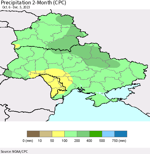 Ukraine, Moldova and Belarus Precipitation 2-Month (CPC) Thematic Map For 10/6/2023 - 12/5/2023